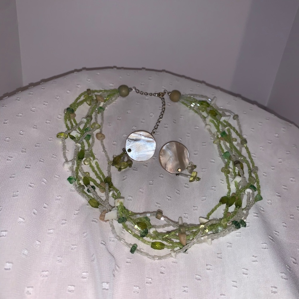 Beaded Earring and Necklace Set GreenWhite and Clear Beads  -GUC (NE01)